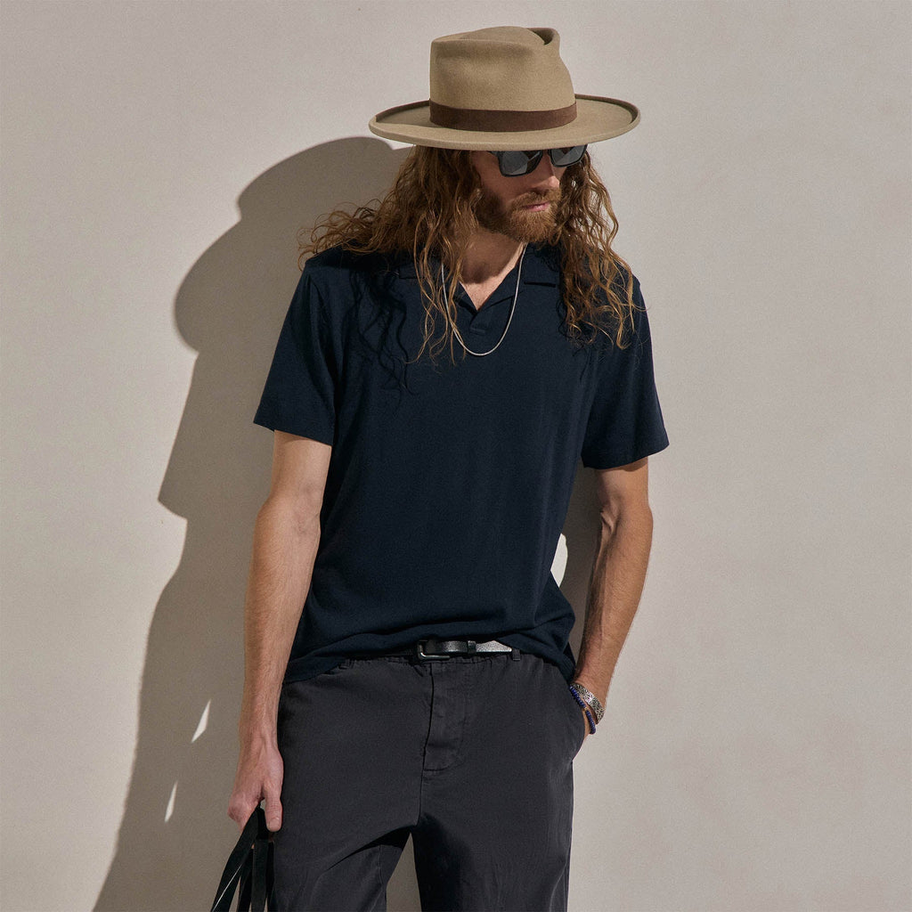 Coton Cachemire Polo Ouvert - Bleu Noir