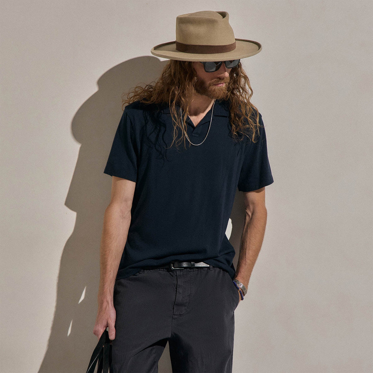 Coton Cachemire Polo Ouvert - Bleu Noir