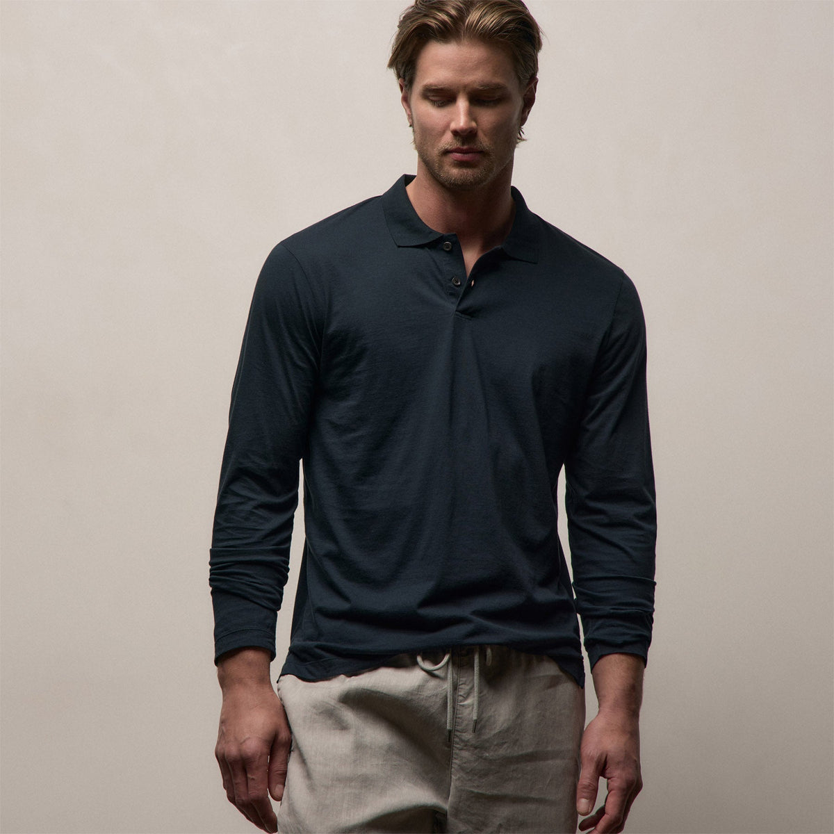 Polo manches longues en jersey - Bleu marine