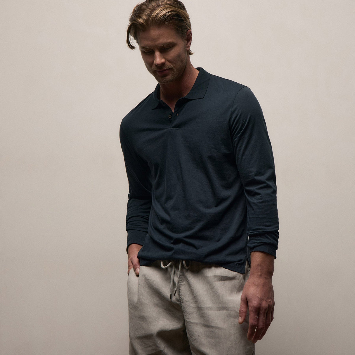 Polo manches longues en jersey - Bleu marine