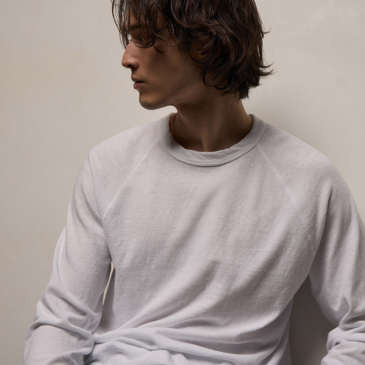 T-shirt ras du cou raglan à manches longues en jersey flammé - Blanc