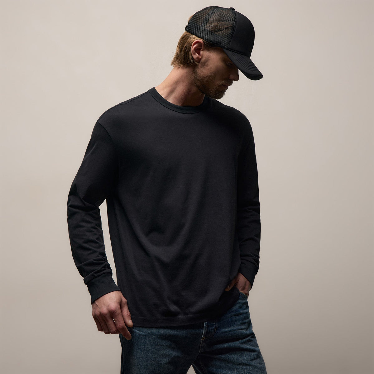 T-shirt ample manches longues en jersey de coton lourd – Noir